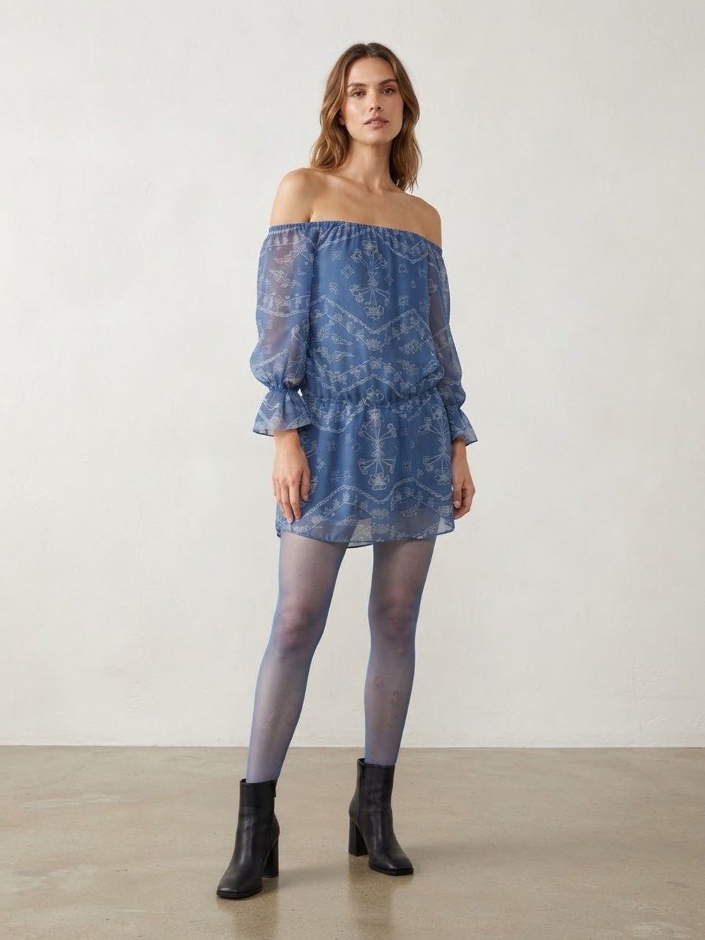 Vine & Valley Navy Off-Shoulder Drop Waist Mini Dress